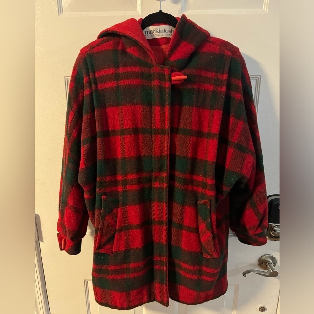 Mackintosh of New England 80’s Red Green Plaid Wool Hooded Coat Made USA Toggle